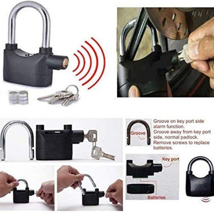 Alarm Padlock Anti-Theft Siren Lock with 3 Keys for Bike, Gate & Door