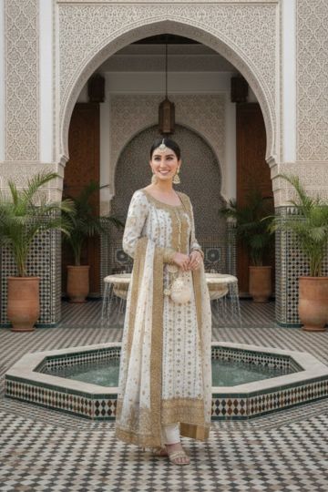 Elegant Ivory & Gold Embroidered Formal Kurta Set