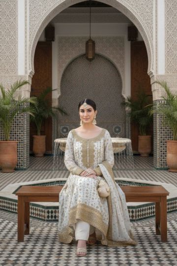 Elegant Ivory & Gold Embroidered Formal Kurta Set