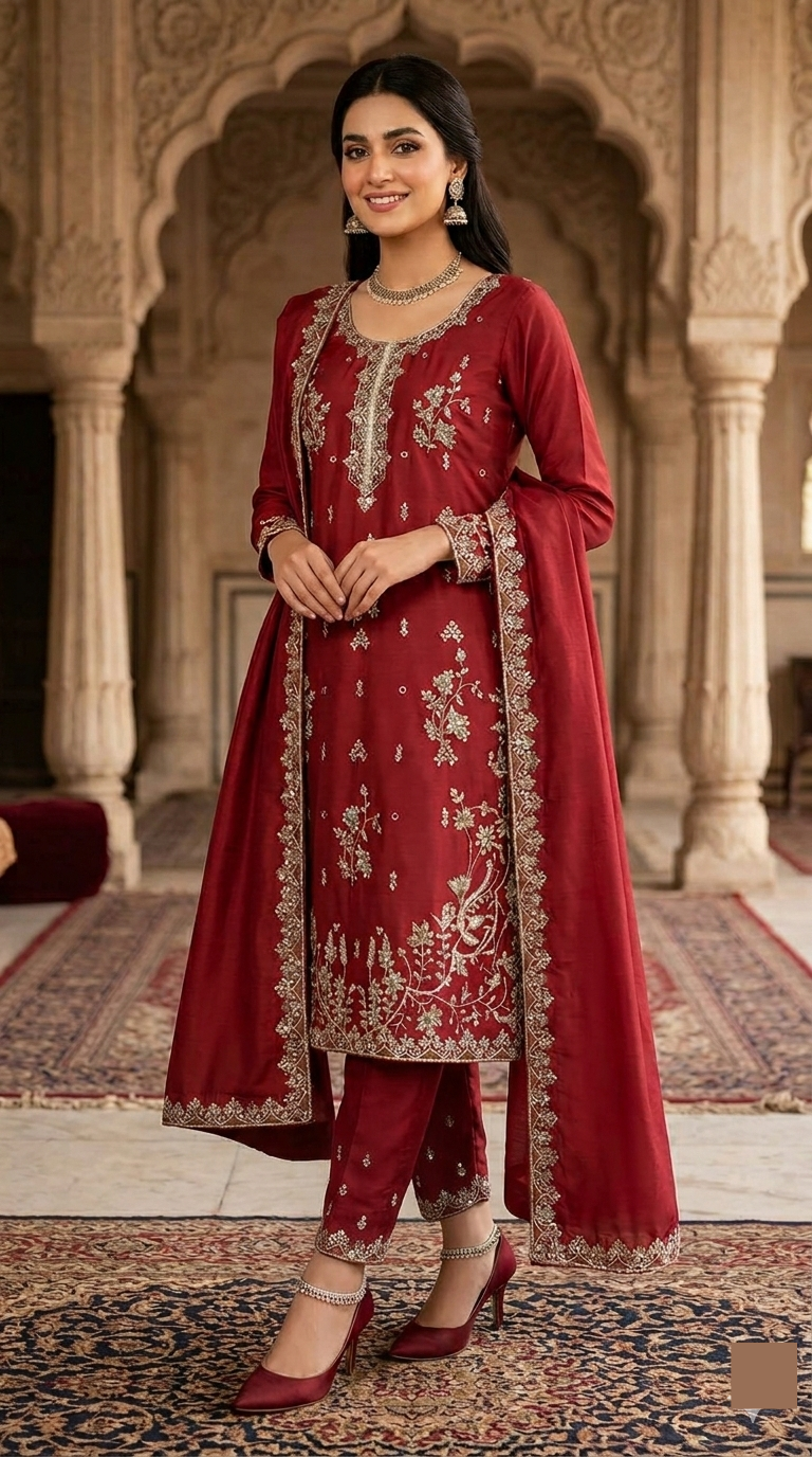 Premium Embroidered Maroon 3-Piece Suit