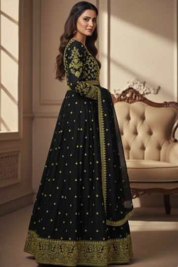 Premium Embroidered Black & Green Anarkali Lehenga Set