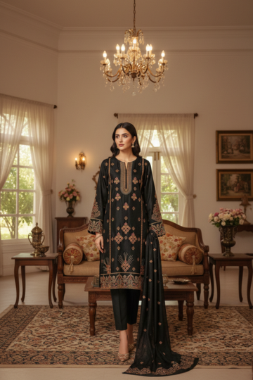 Premium Embroidered Black Floral Anarkali Set
