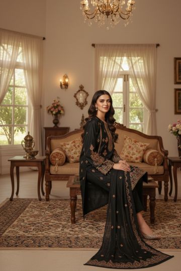 Premium Embroidered Black Floral Anarkali Set