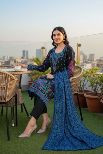 Premium Embroidered Black Multicolor