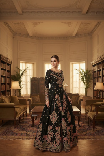 Premium Embroidered Black Floral Anarkali Set