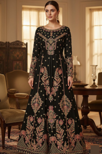 Premium Embroidered Black Floral Anarkali Set