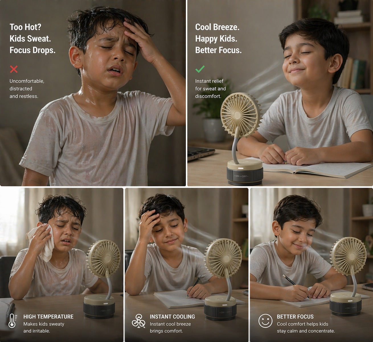 Sticky Mini Desk Fan with Flexible Neck Portable USB Rechargeable Fan