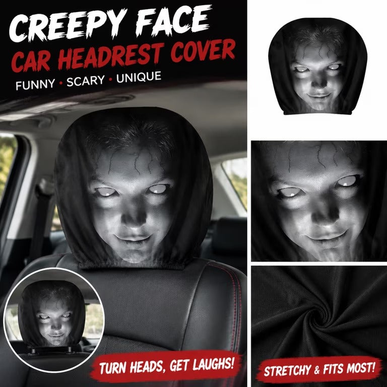 Creepy Face Car Headrest Cover – Stretchable Horror Headrest Protector | Funny Scary Car Interior Decoration & Prank Accessory