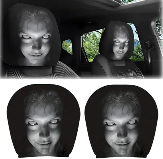 Creepy Face Car Headrest Cover – Stretchable Horror Headrest Protector | Funny Scary Car Interior Decoration & Prank Accessory