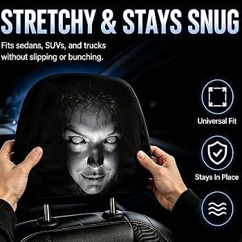 Creepy Face Car Headrest Cover – Stretchable Horror Headrest Protector | Funny Scary Car Interior Decoration & Prank Accessory