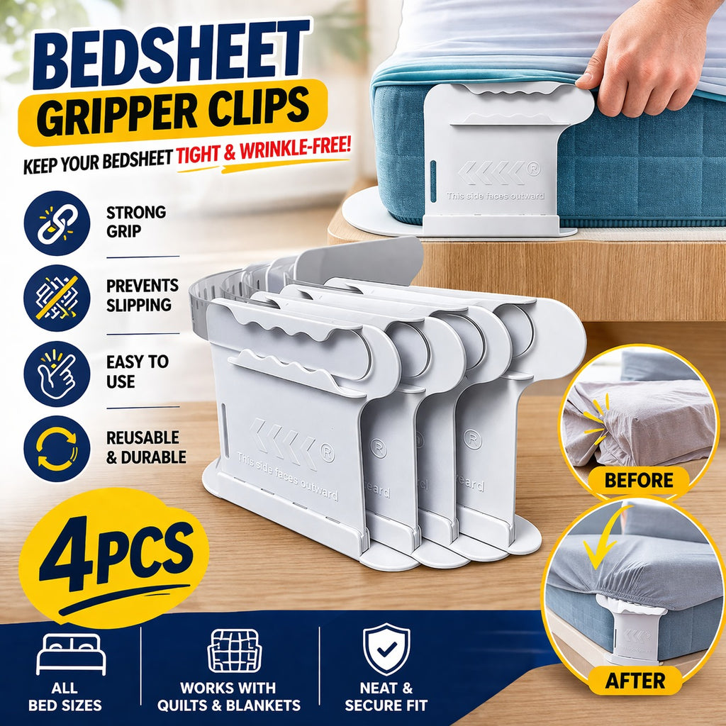 Premium Bedsheet Gripper Clips – Non-Slip Bed Sheet Holders for Tight & Wrinkle-Free Bedding | Easy Mattress Fasteners (Set of 4)
