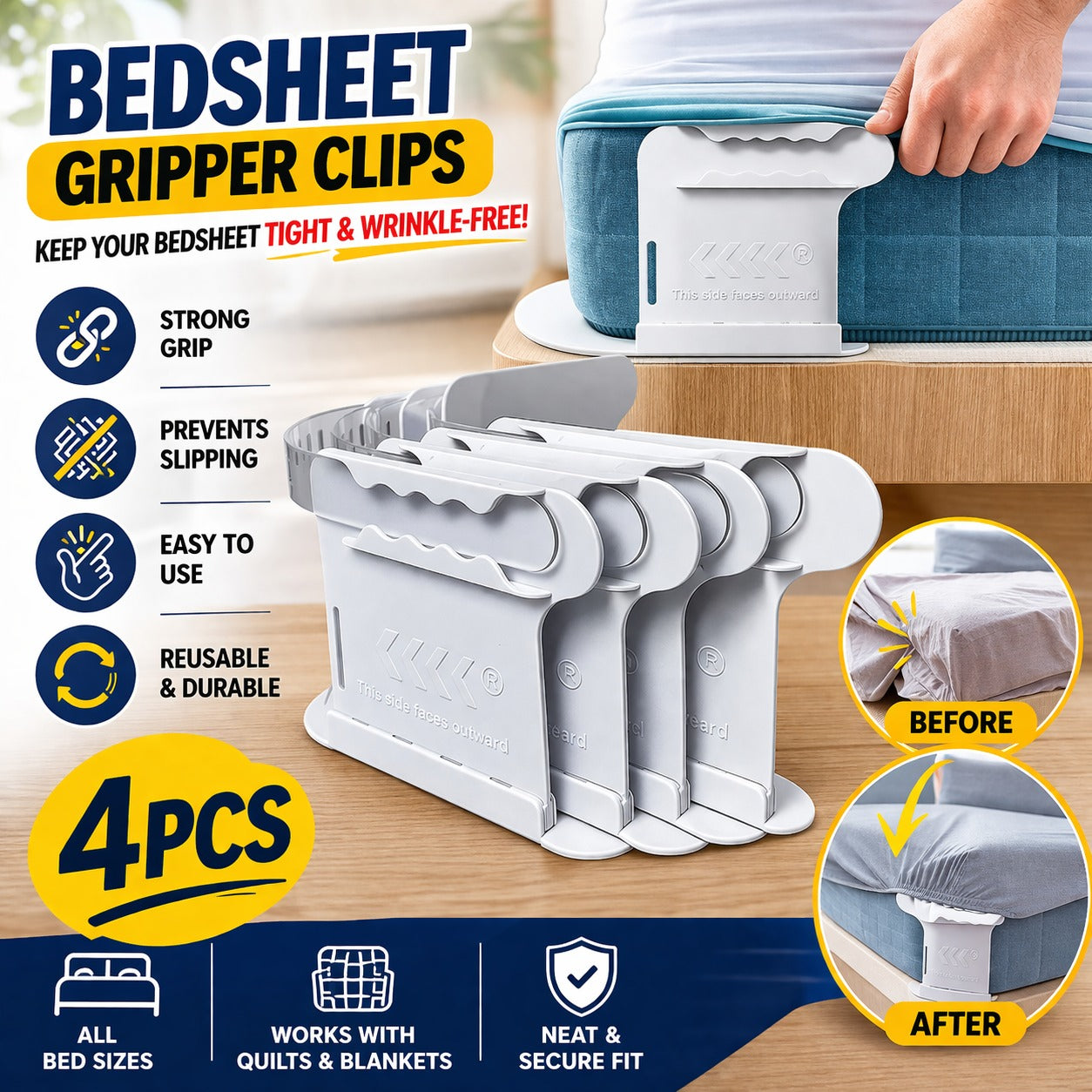 Premium Bedsheet Gripper Clips – Non-Slip Bed Sheet Holders for Tight & Wrinkle-Free Bedding | Easy Mattress Fasteners (Set of 4)