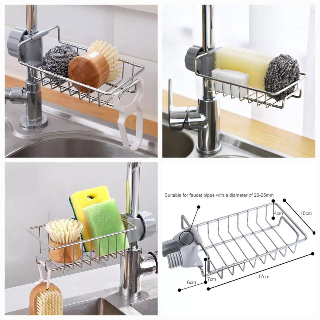 No-Drill Faucet Sink Caddy Stainless Steel Sponge & Soap Holder Rack