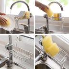 No-Drill Faucet Sink Caddy Stainless Steel Sponge & Soap Holder Rack