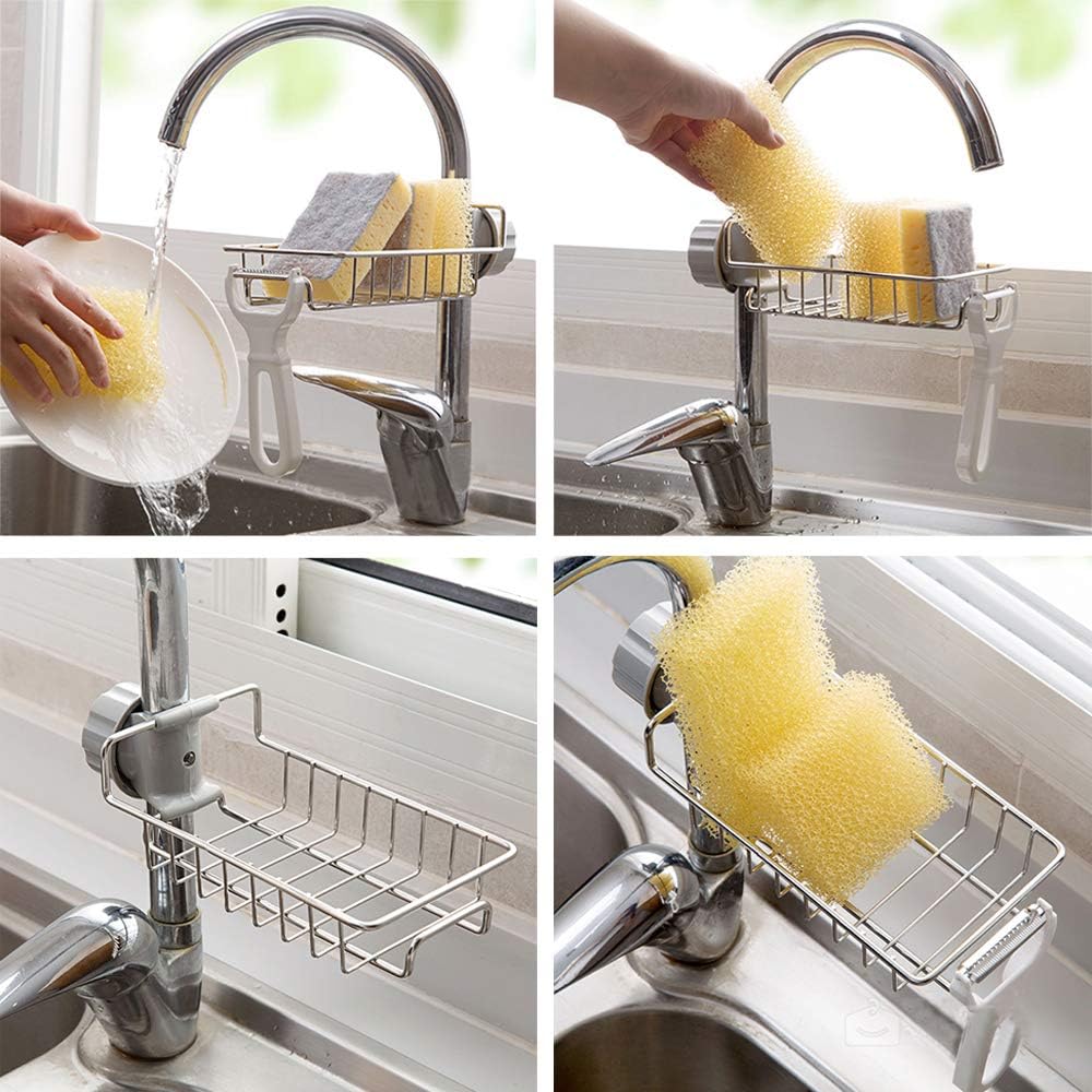 No-Drill Faucet Sink Caddy Stainless Steel Sponge & Soap Holder Rack