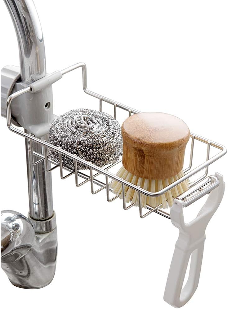 No-Drill Faucet Sink Caddy Stainless Steel Sponge & Soap Holder Rack