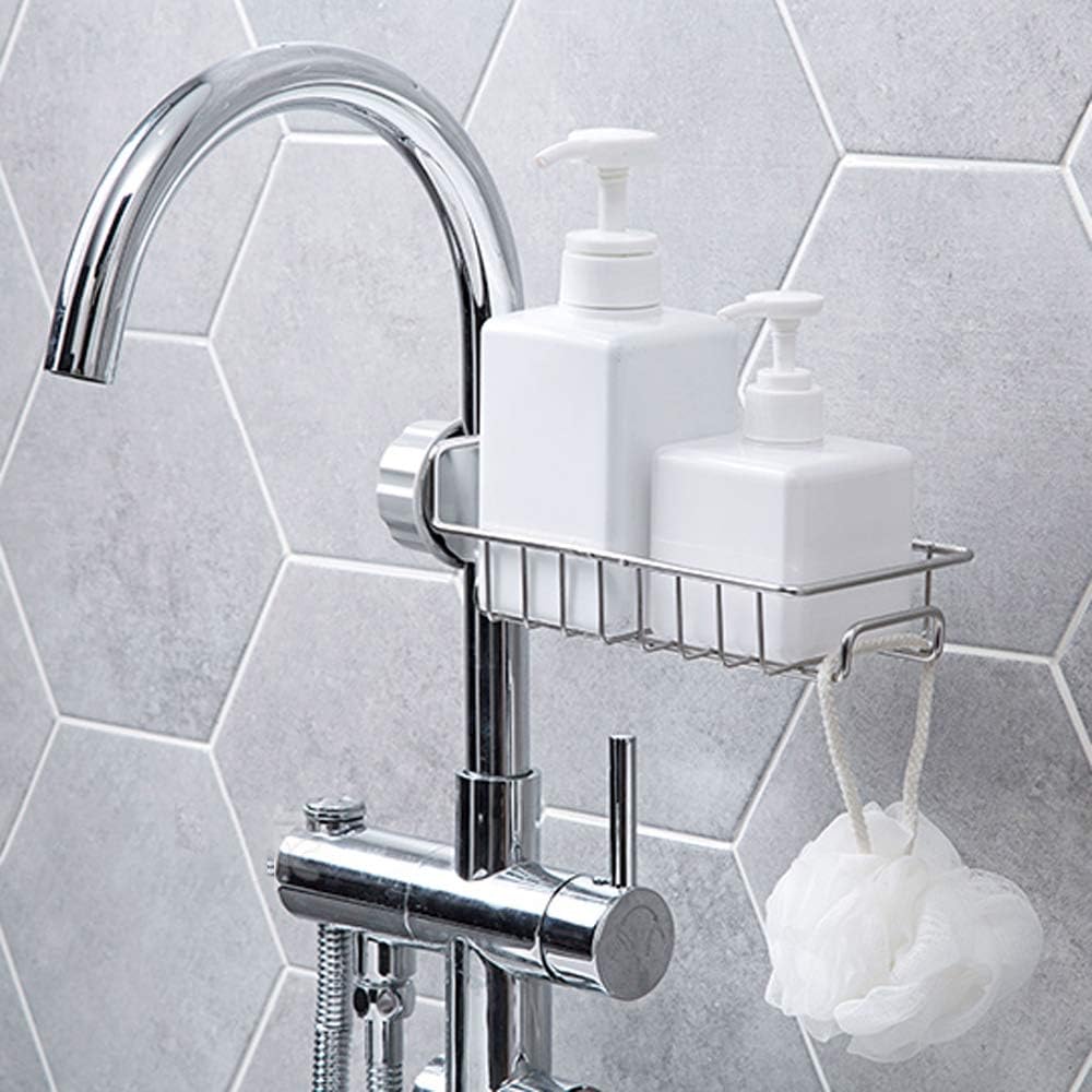 No-Drill Faucet Sink Caddy Stainless Steel Sponge & Soap Holder Rack
