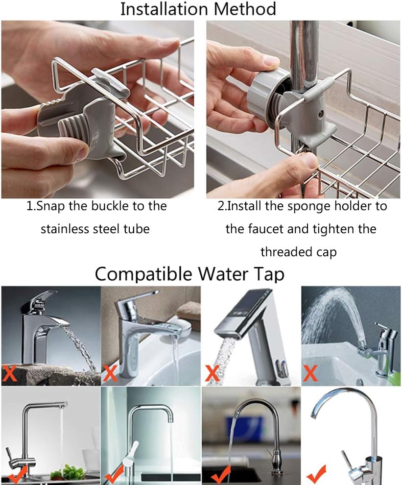 No-Drill Faucet Sink Caddy Stainless Steel Sponge & Soap Holder Rack