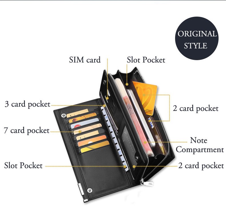 Baellerry Long Leather Wallet for Men Multi-Slot Zipper Clutch